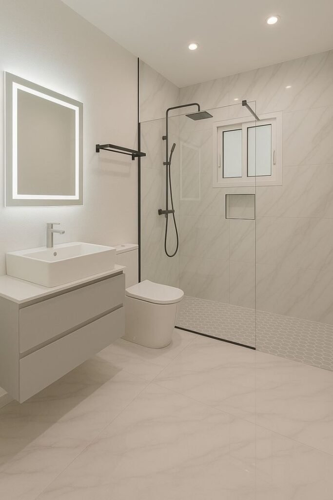 Baño reformado con ducha de obra y mampara de vidrio en Palma