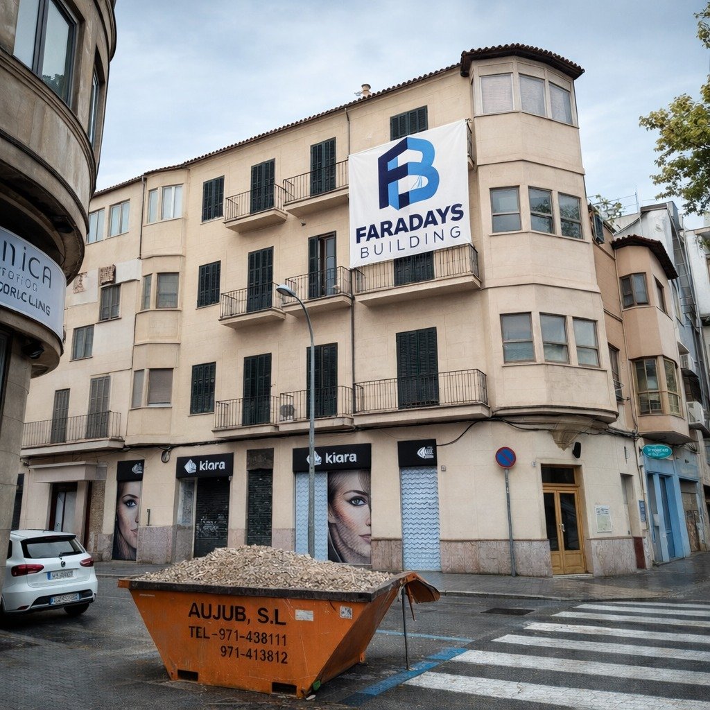 Rehabilitación de edificio en Palma con lona de Faradays Building