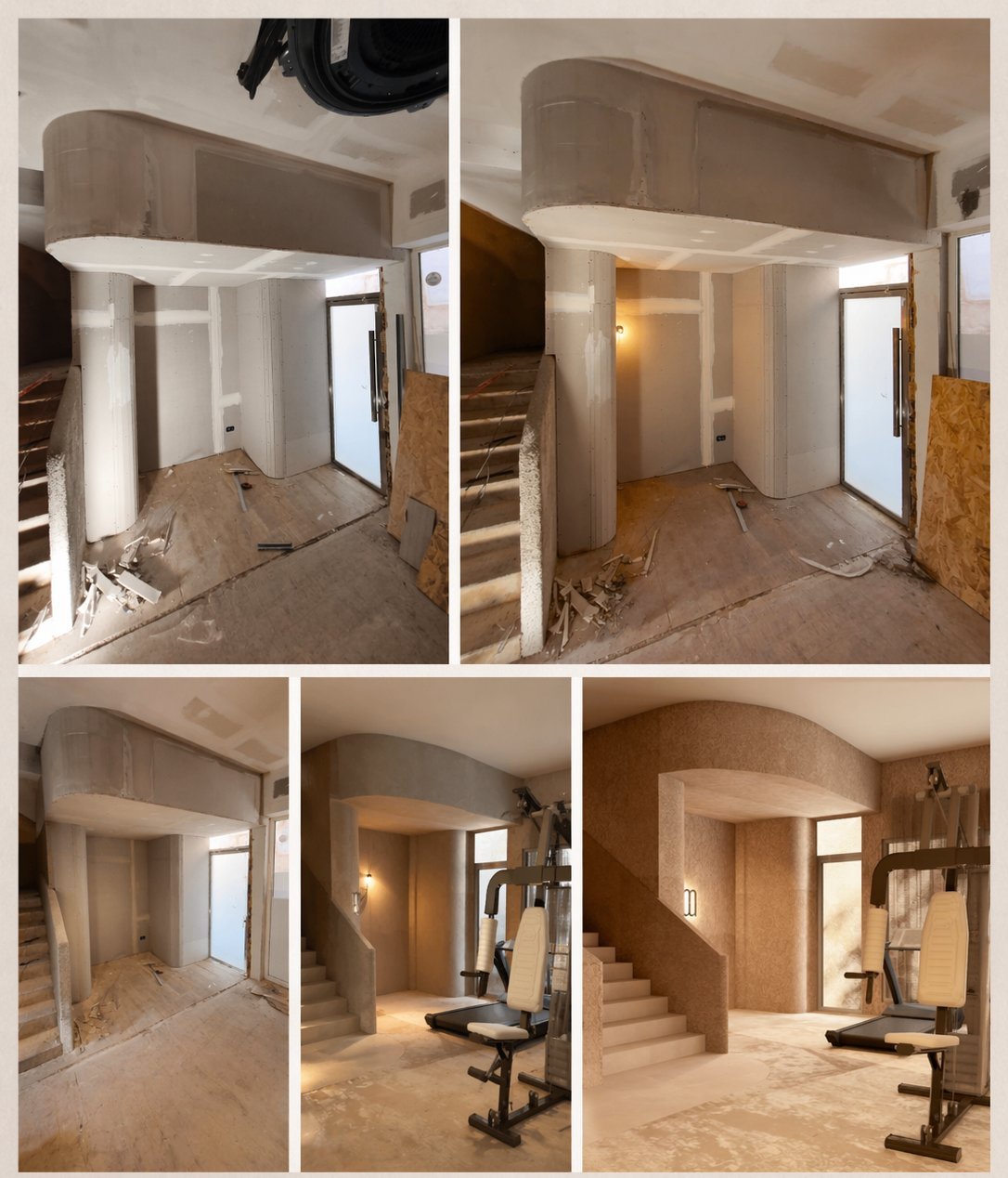 Proceso de obra de un gimnasio con pladur curvo y escalera revestida en Palma